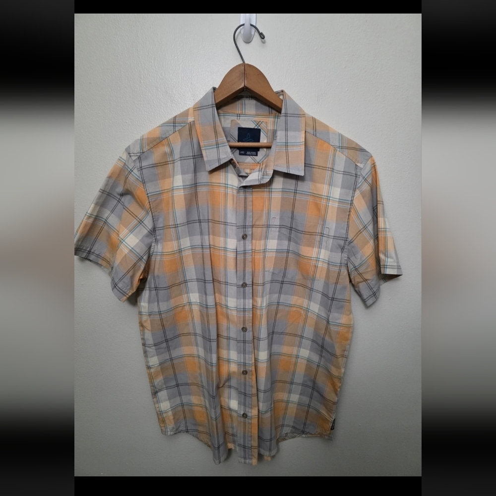 prAna Benton Large Short Sleeve Button Up Shirt Orange Plaid Organic Cotton